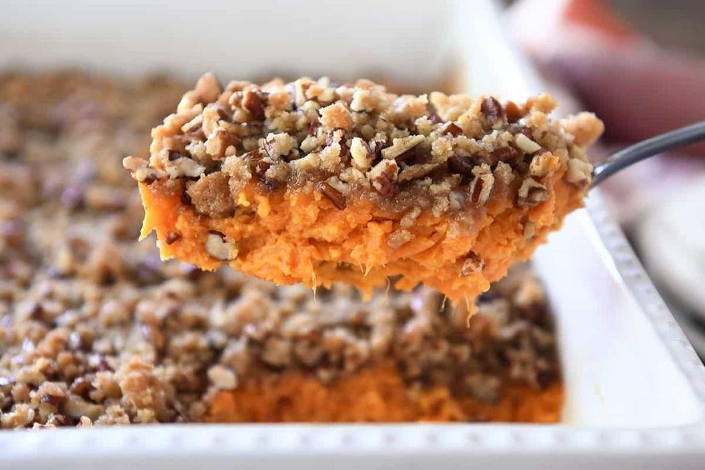 Buttery Sweet Potato Casserole with Pecan Topping