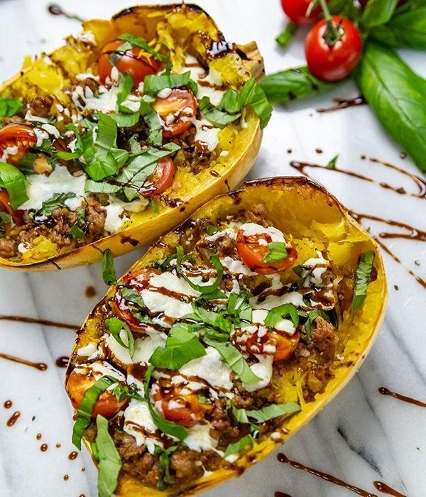 Caprese Stuffed Spaghetti Squash with Balsamic Glaze