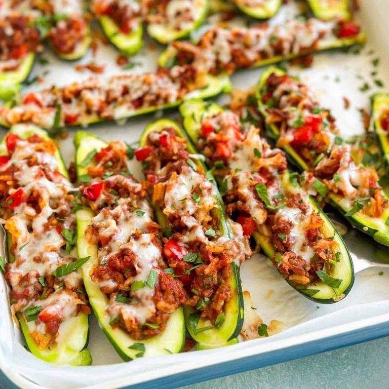 Cheesy Ground Beef and Rice Stuffed Zucchini Boats
