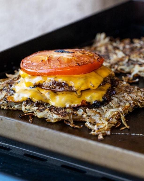 Cheesy Hash Brown Stuffed Breakfast Burgers