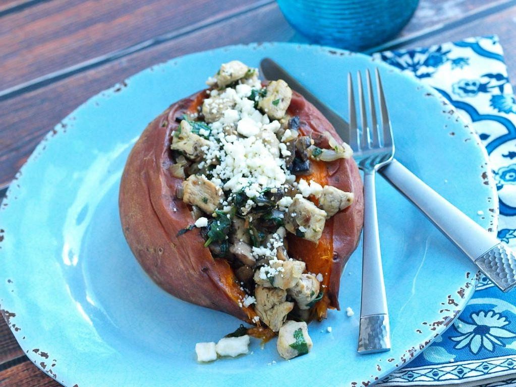 Chicken Spinach and Mushroom Stuffed Sweet Potatoes