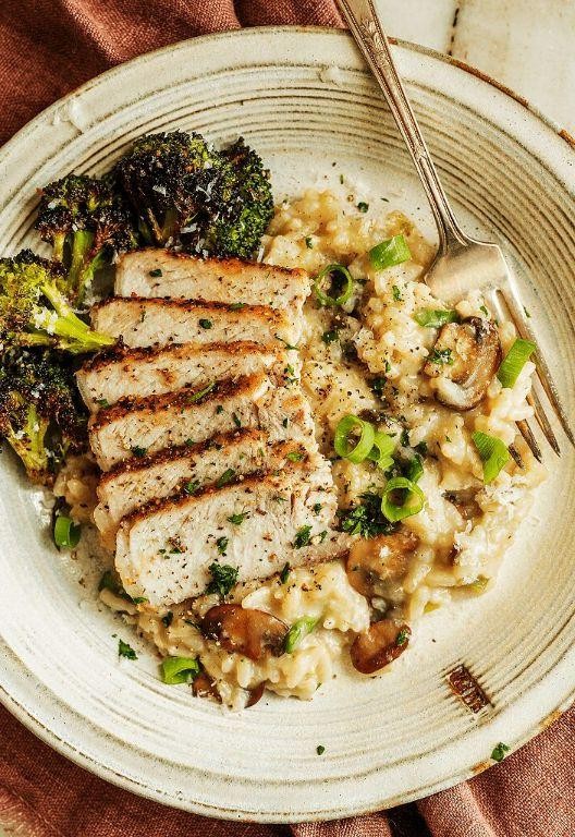 Creamy Mushroom Pork Chops with Risotto