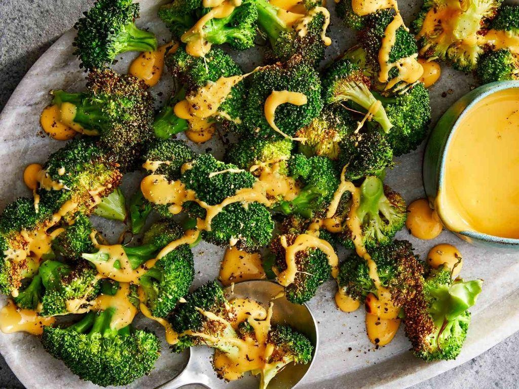Crispy Air Fryer Broccoli with Cheese Sauce