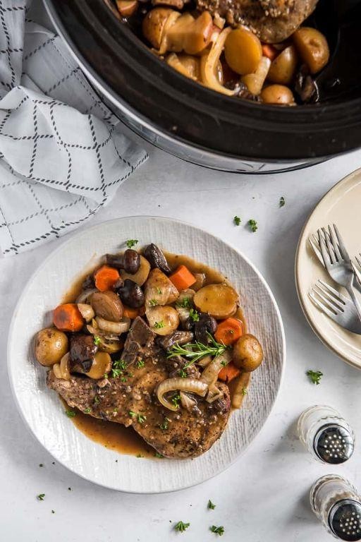 Crock Pot Pork Steaks with Root Vegetables and Thyme