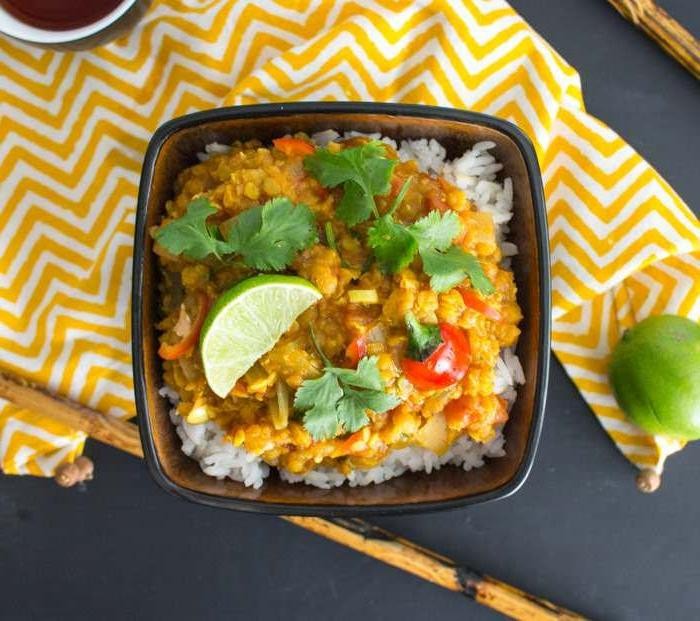 Dal Bhat with Mushroom Curry and Fresh Coriander