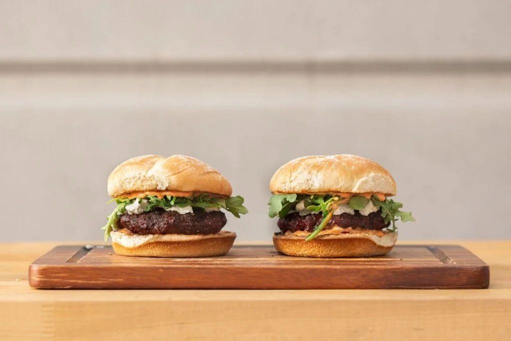 Elk Burger with Peppercorn Sauce and Arugula