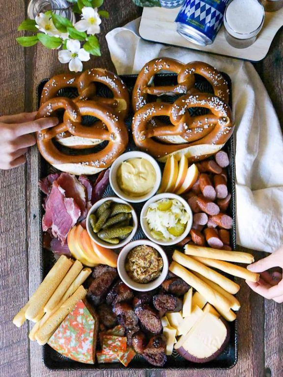 Game Night Charcuterie Board with Pretzels and Beer Cheese