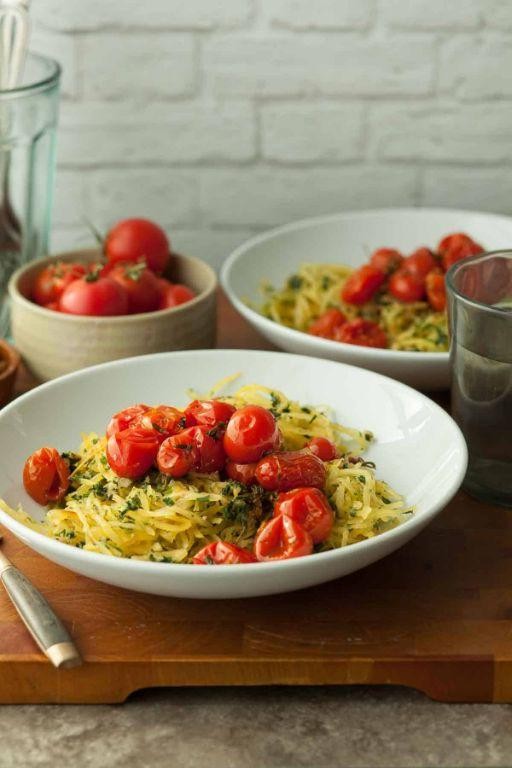 Garlic Parmesan Spaghetti Squash with Roasted Cherry Tomatoes