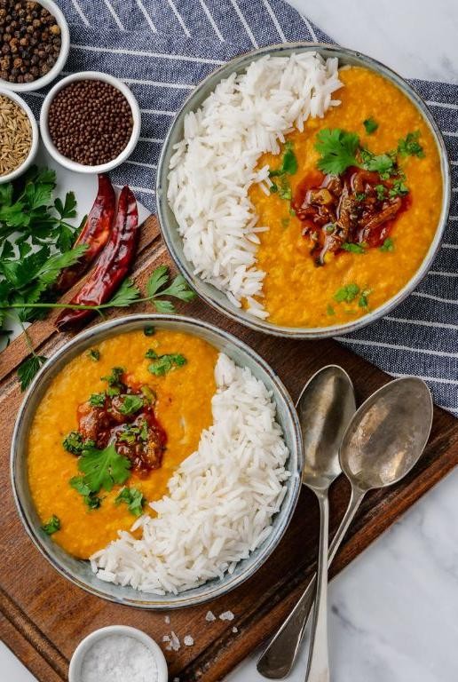 Garlic Tadka Dal Bhat with Fried Onions