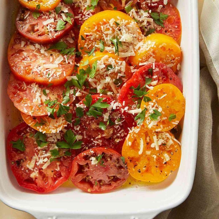 Garlicky stewed tomatoes with Parmesan crust