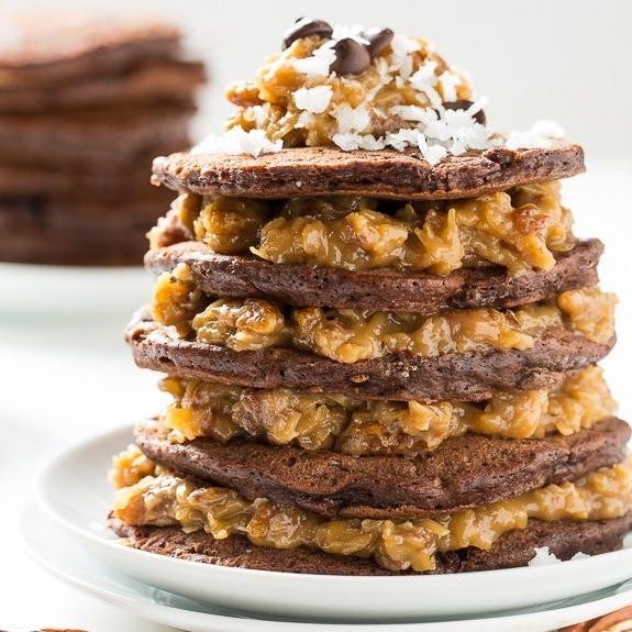 German Chocolate Pancake Stack with Maple Syrup