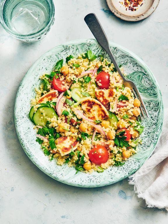 Grilled Halloumi Couscous Salad with Lemon Dressing