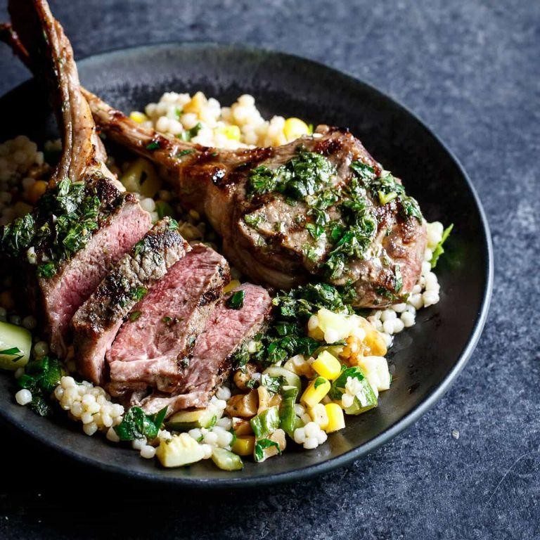 Grilled Lamb Chops with Mint Chimichurri and Farro Salad
