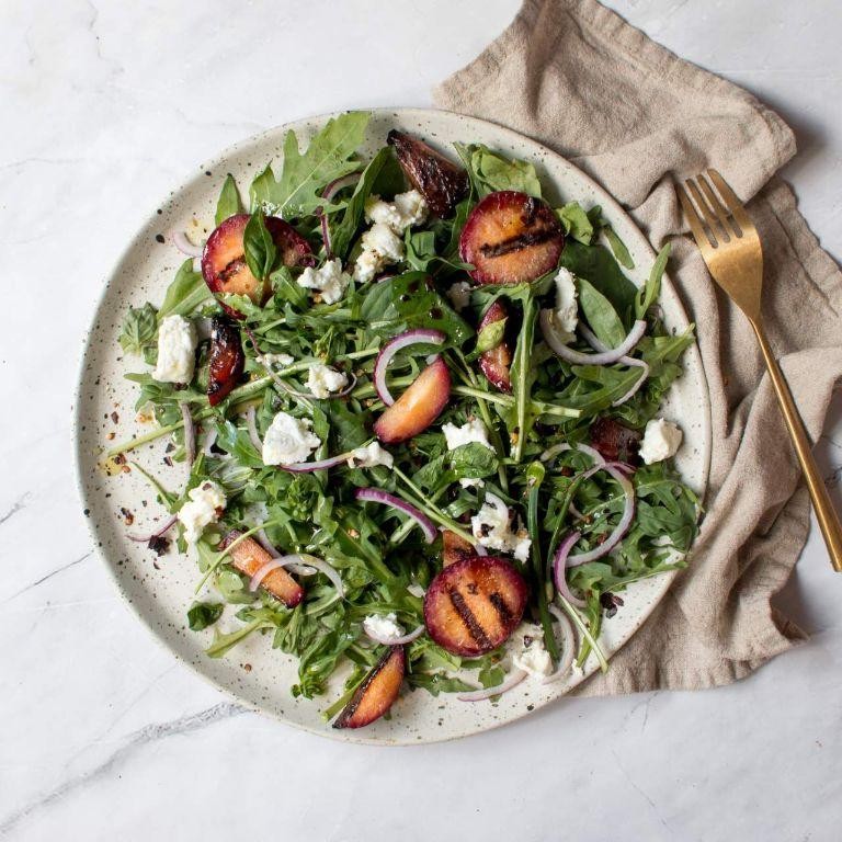 Grilled Plum Salad with Goat Cheese and Arugula