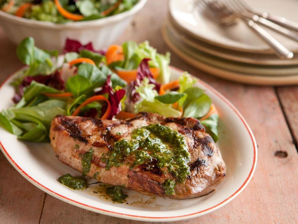 Grilled Thick Bone-In Pork Chops with Chimichurri