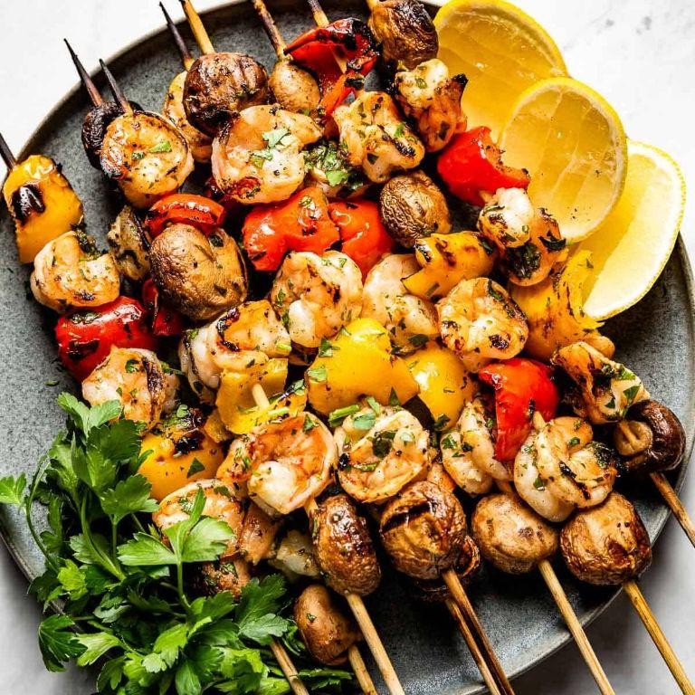 Grilled shrimp and vegetable skewers