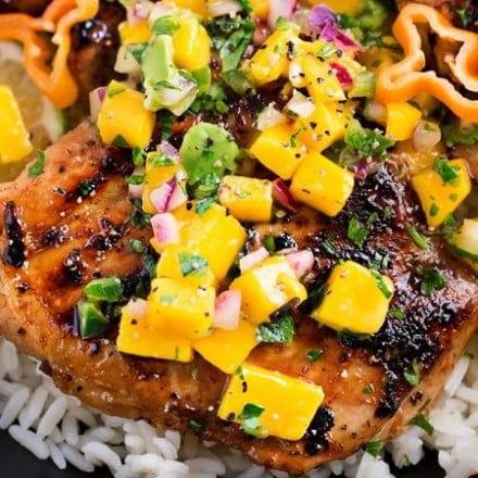 Jamaican Jerk Boneless Chicken Thighs with Mango Salsa