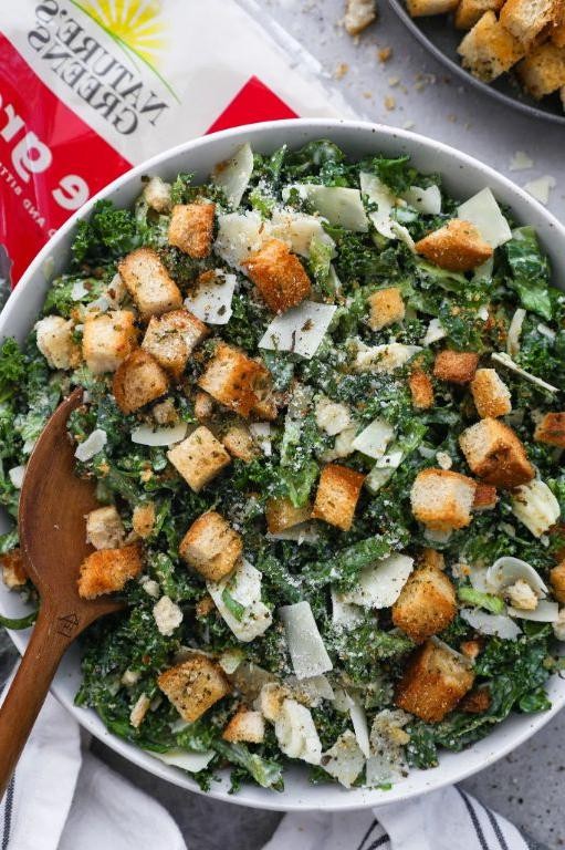 Kale Caesar Salad with Homemade Croutons