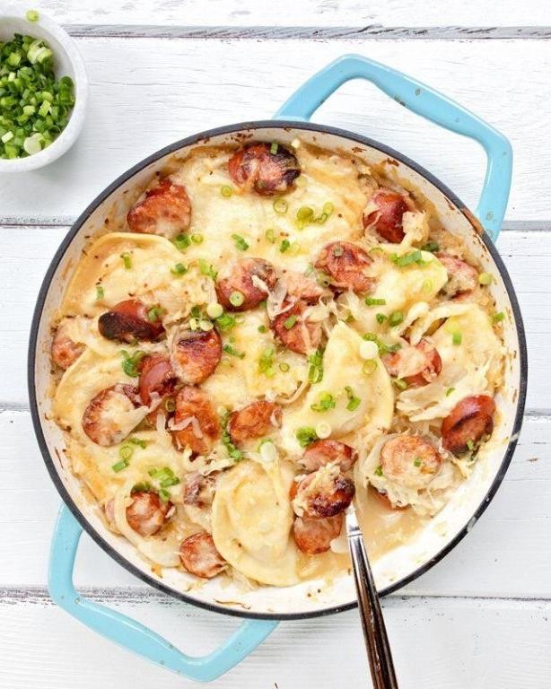 Kielbasa and Sauerkraut Pierogi Bake