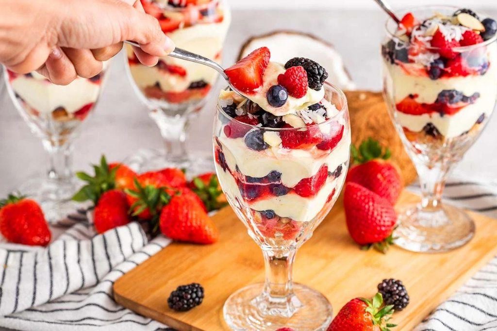 Knafeh Parfait with Whipped Cream and Berries