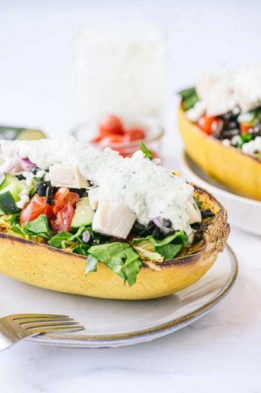 Mediterranean Stuffed Spaghetti Squash with Feta and Olives