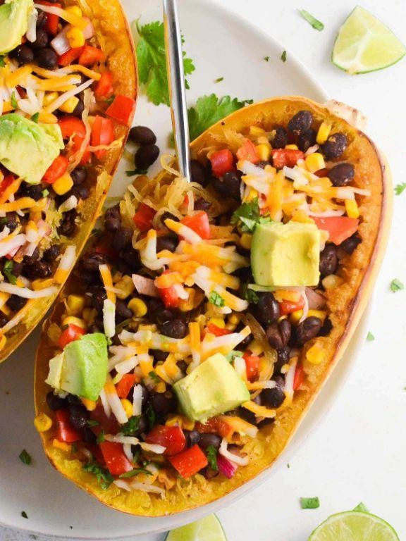 Mexican Stuffed Spaghetti Squash with Black Beans and Corn