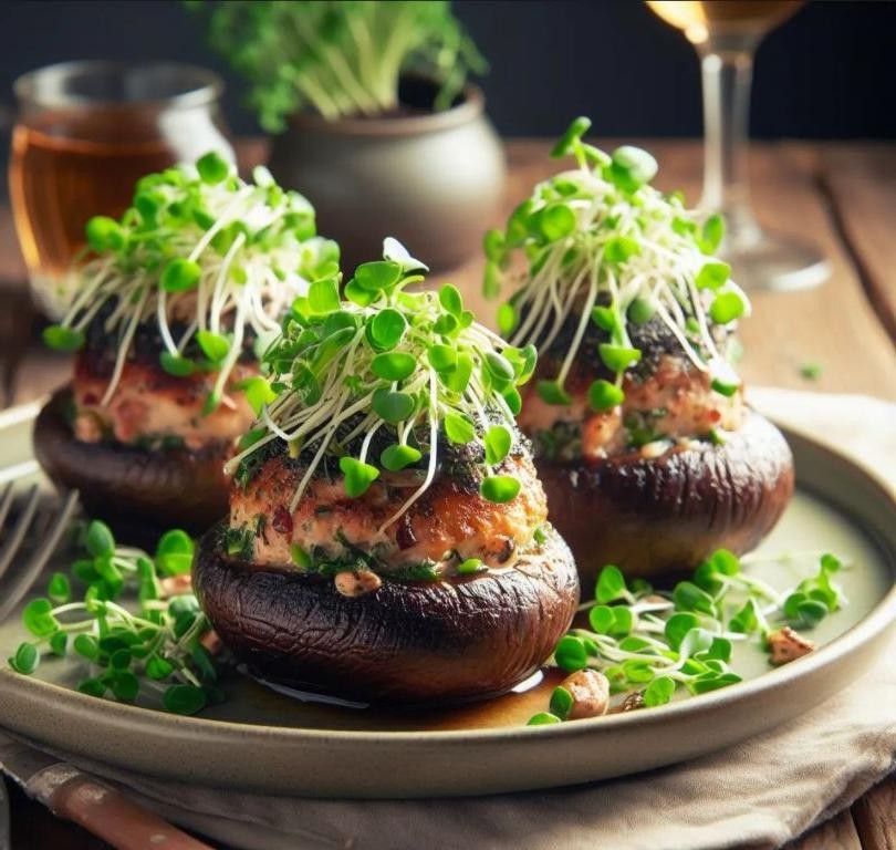 Microgreen and Walnut Stuffed Mushrooms