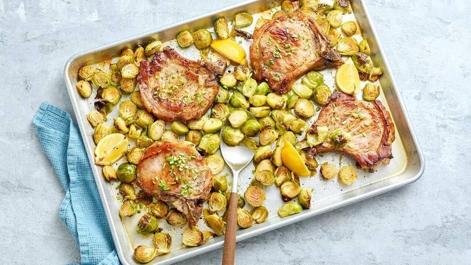 One Pan Pork Chops with Brussels Sprouts and Bacon