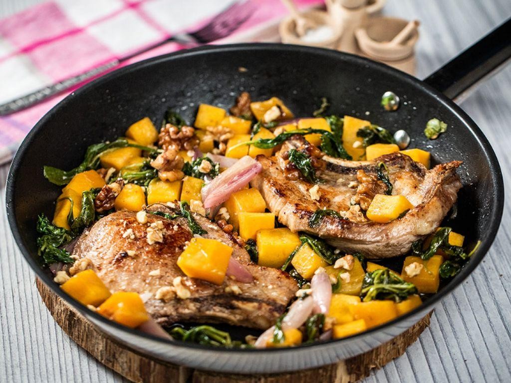 One Pan Pork Chops with Butternut Squash and Spinach