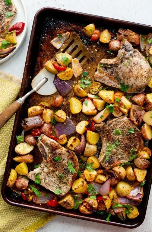 One Pan Pork Chops with Peppers and Onions
