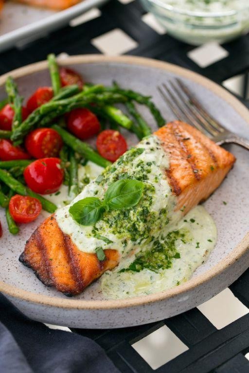Pan-Seared Salmon with Creamy Pesto Sauce