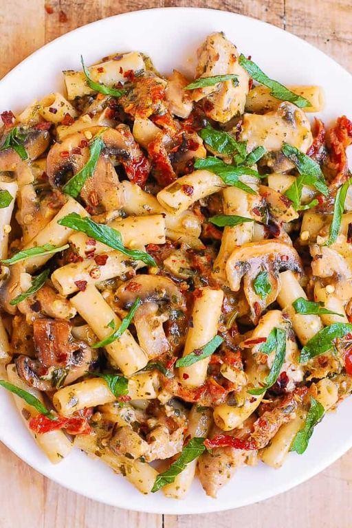 Pesto Chicken Mushroom Pasta with Pine Nuts