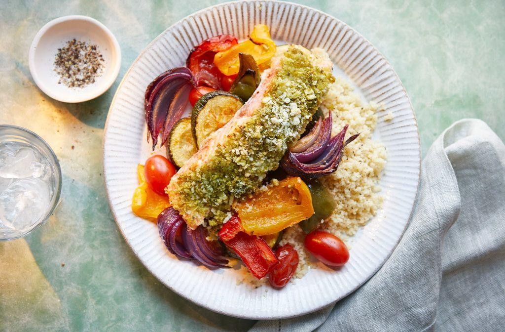 Pesto Crusted Salmon with Roasted Vegetables