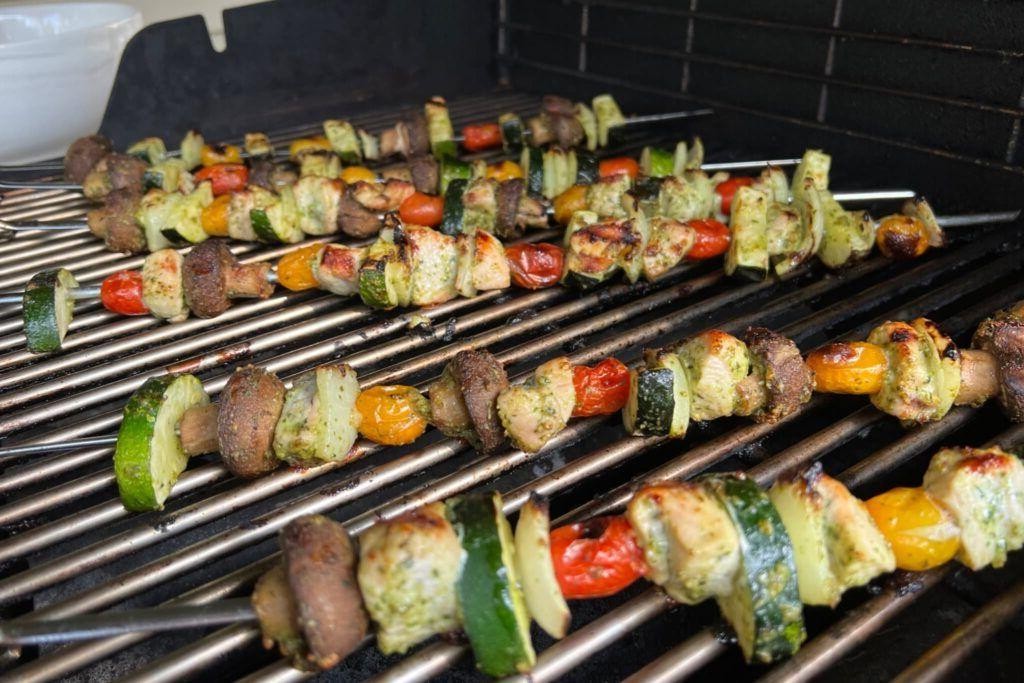 Pesto Grilled Chicken and Roasted Vegetable Skewers
