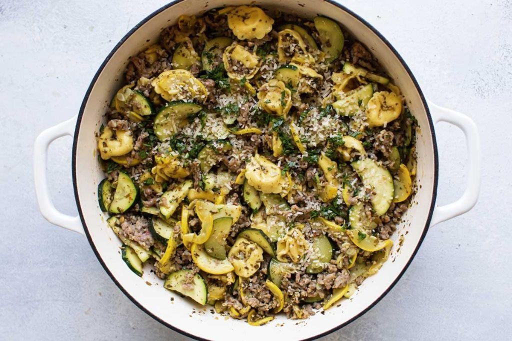 Pesto Italian Sausage and Tortellini Bake