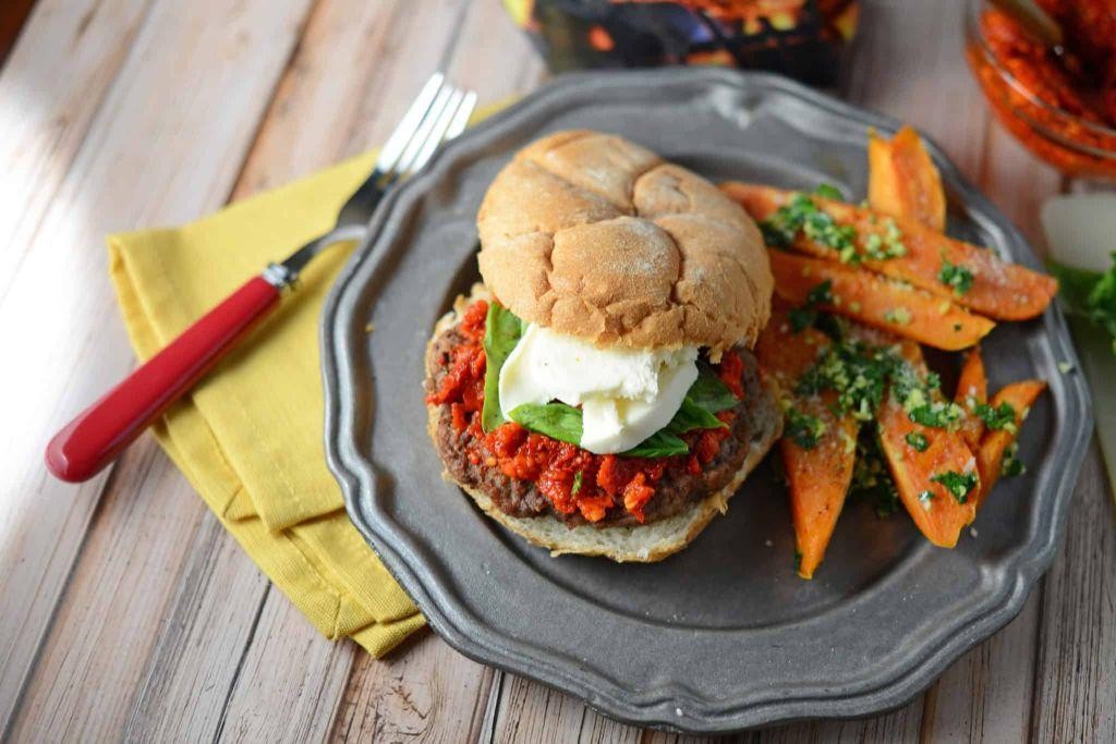 Pesto Mozzarella Burger with Sun-Dried Tomatoes