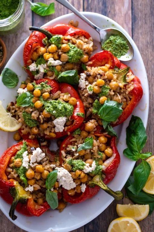 Pesto and Sun-Dried Tomato Stuffed Pepper Casserole