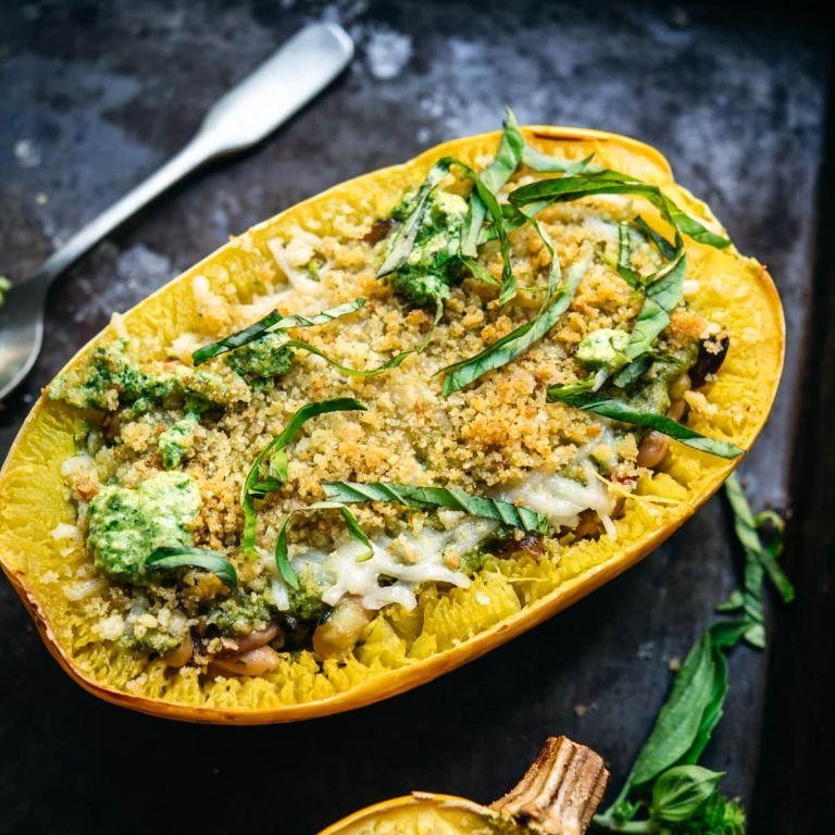 Pesto and White Bean Stuffed Spaghetti Squash