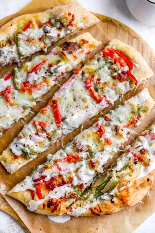 Philly Cheesesteak Taco Pizza with Peppers and Provolone