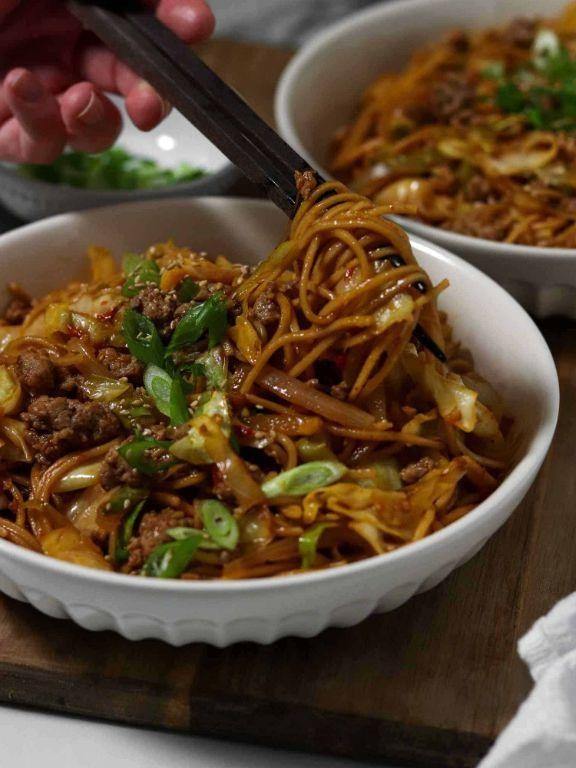 Pork and Cabbage Stir-Fry with Egg Noodles