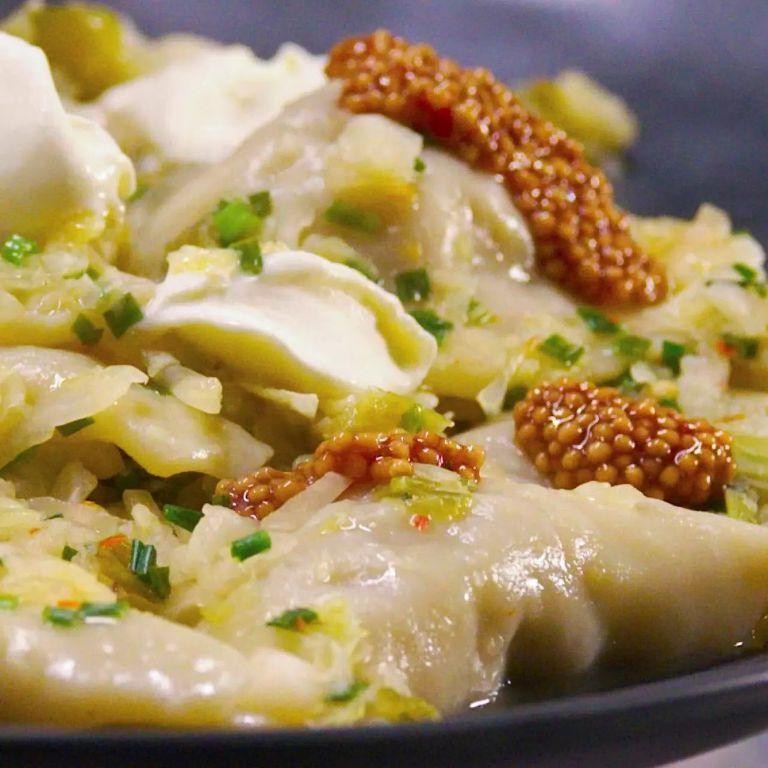 Pork and Sauerkraut Pierogi Bake
