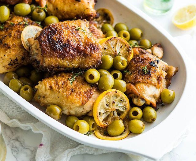 Pressure Cooked Chicken Thighs with Lemon and Olives