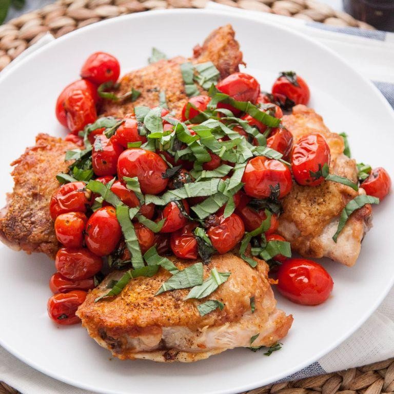 Pressure Cooked Chicken Thighs with Tomatoes and Basil