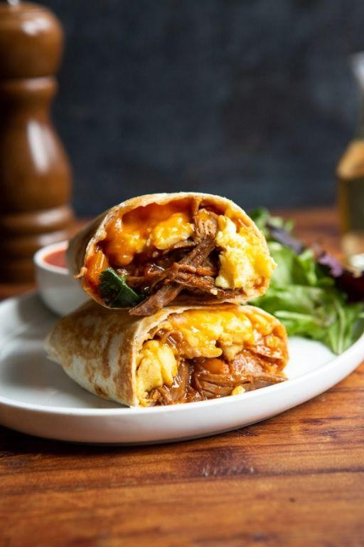 Pulled Pork and Scrambled Egg Breakfast Burrito