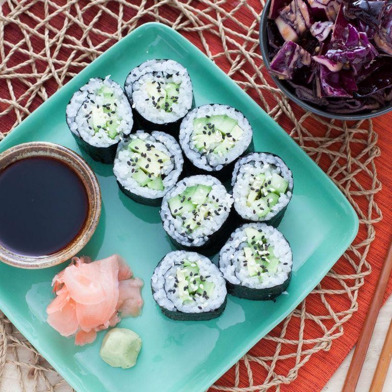 Red Cabbage and Avocado Sushi Rolls