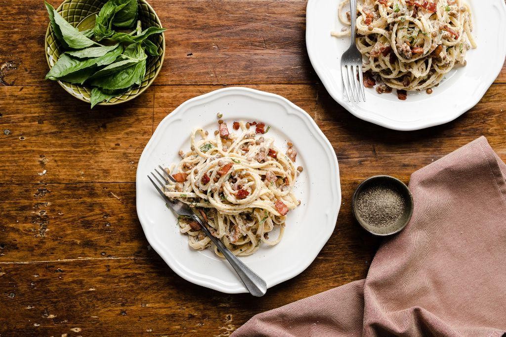 Red Lentil Pasta Carbonara