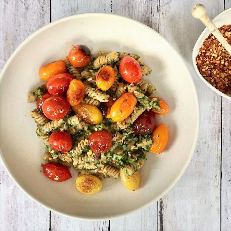 Red Lentil Pasta with Pesto and Cherry Tomatoes
