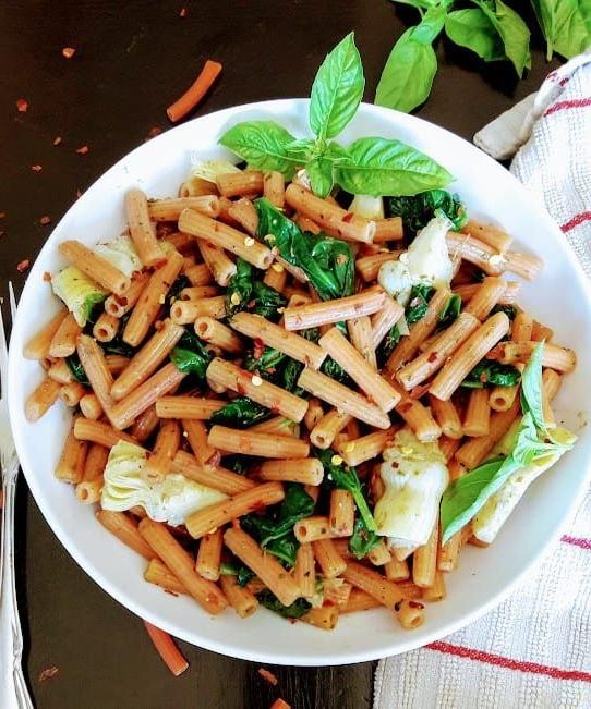 Red Lentil Pasta with Spinach and Artichokes
