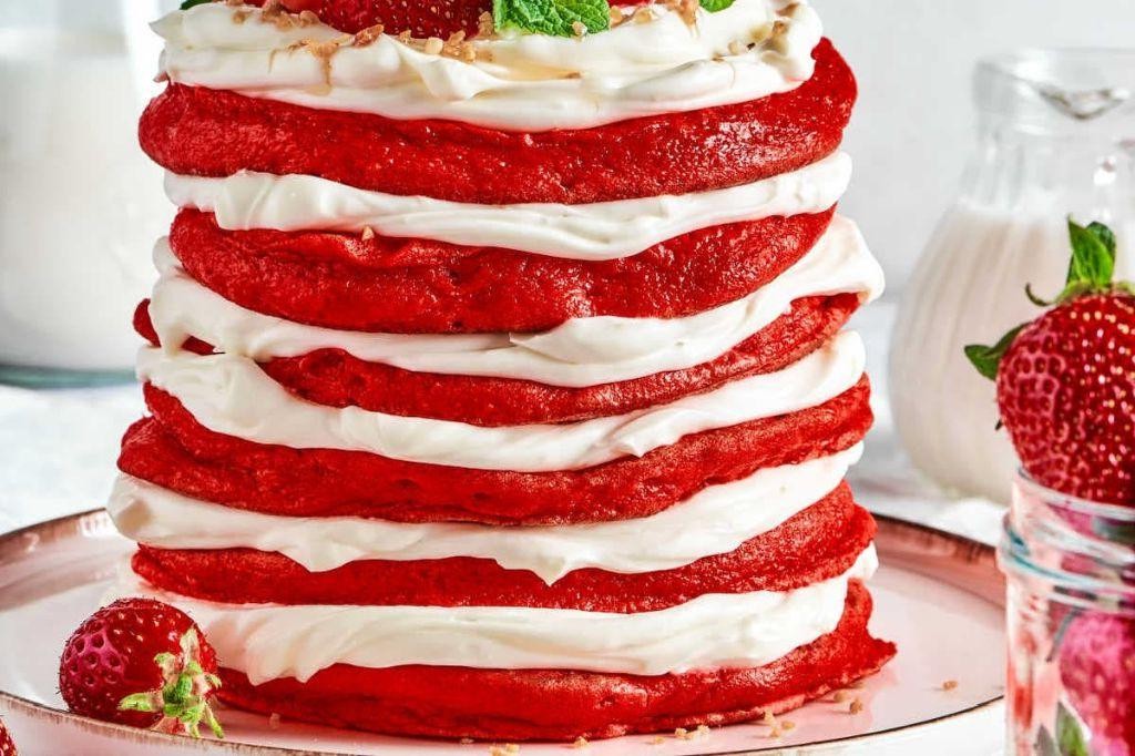 Red Velvet Banana Pancakes with Cream Cheese Frosting