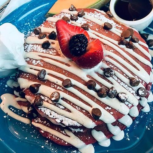Red Velvet Chocolate Chip Pancakes